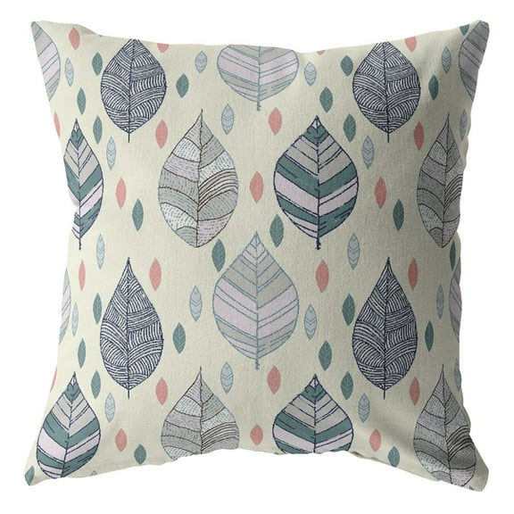 16â€ Cream Gray Leaves Indoor Outdoor Throw Pillow