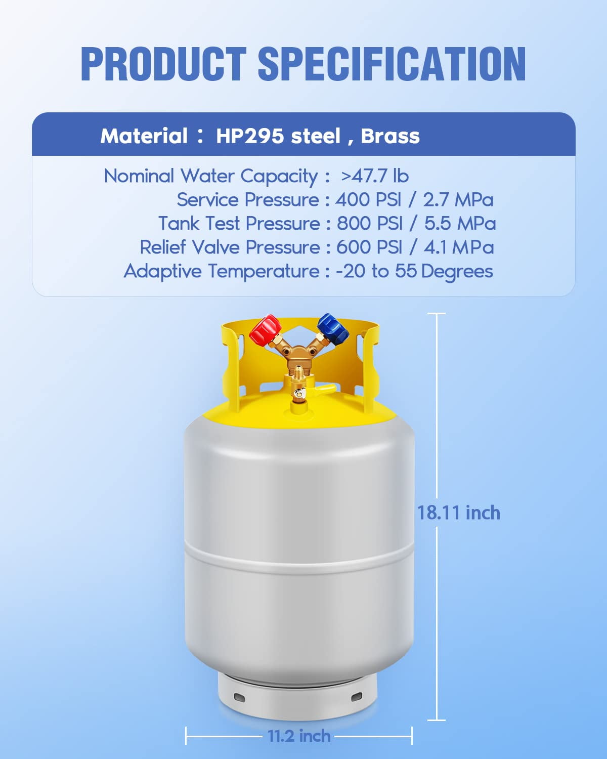 Refrigerant Recovery Tank with 1/4 SAE Y Valve Double Valve Collar Design Reusable Save Valve-50 LB Capacity