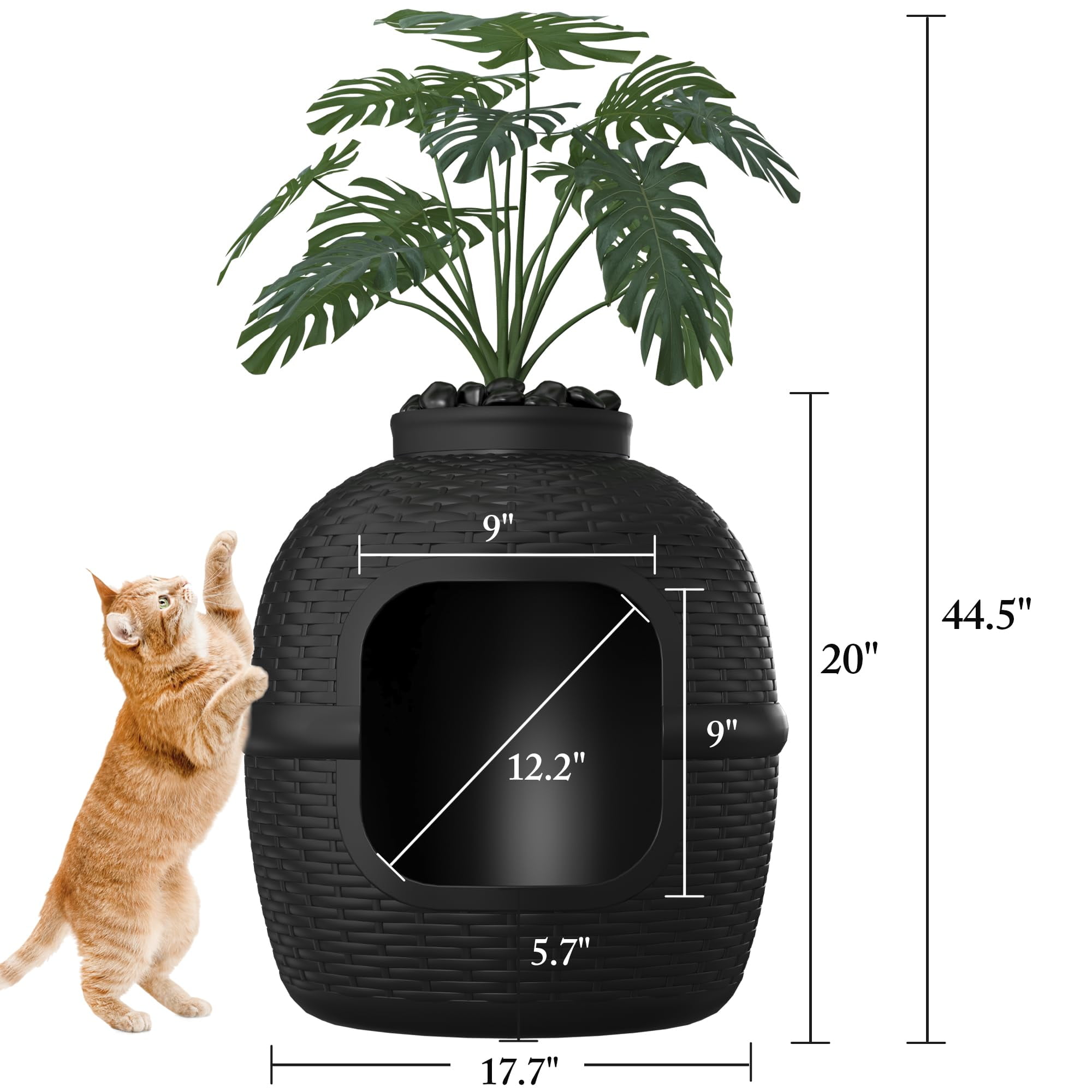 Cat Litter Box Enclosure with Faux Plant & Real Stones, Hidden Litter Box with Odor Control Carbon Filter, Home DIY Decor Furniture for Large Cat, Black
