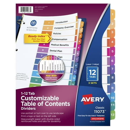 - Avery Customizable Table of Contents Dividers, Ready Index Printable Section Titles, Preprinted 1-12 Multicolor Tabs, 3 Sets (11073)