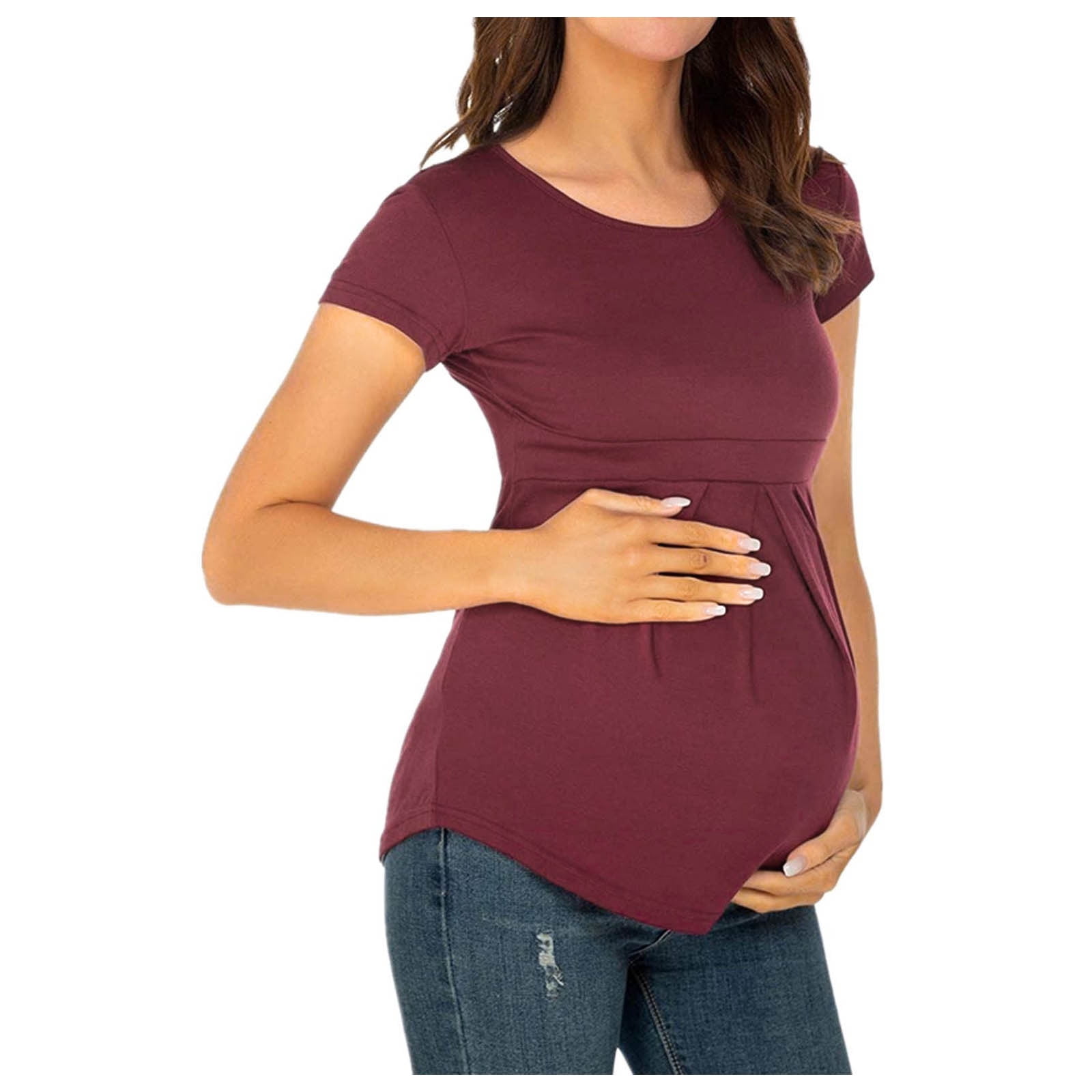 FAIWAD Women's Maternity Tops Short Sleeve Round Neck Pleat T-Shirt During After Pregnancy Clothes