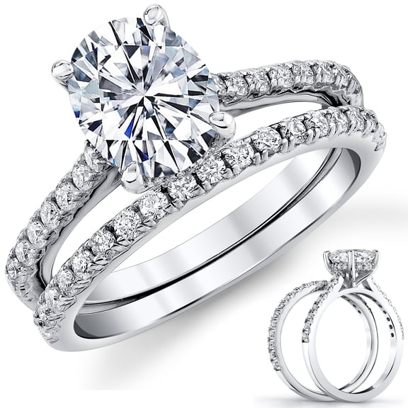 Metal Masters Womens 2.5Ct Oval Moissanite Under-Halo Wedding Ring Band Bridal Set 18K White Gold Plated Silver