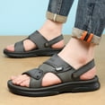 thumbnail image 2 of Dakaela Men's Leather Flat Sandals Open Toe Slip on Slides Summer Slides with Adjustable Dual Strap, 2 of 7