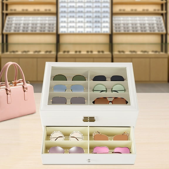 24 Slots Sunglasses Organizer Storage Box Case for Eyeglasses Holder Storage and Display(White)