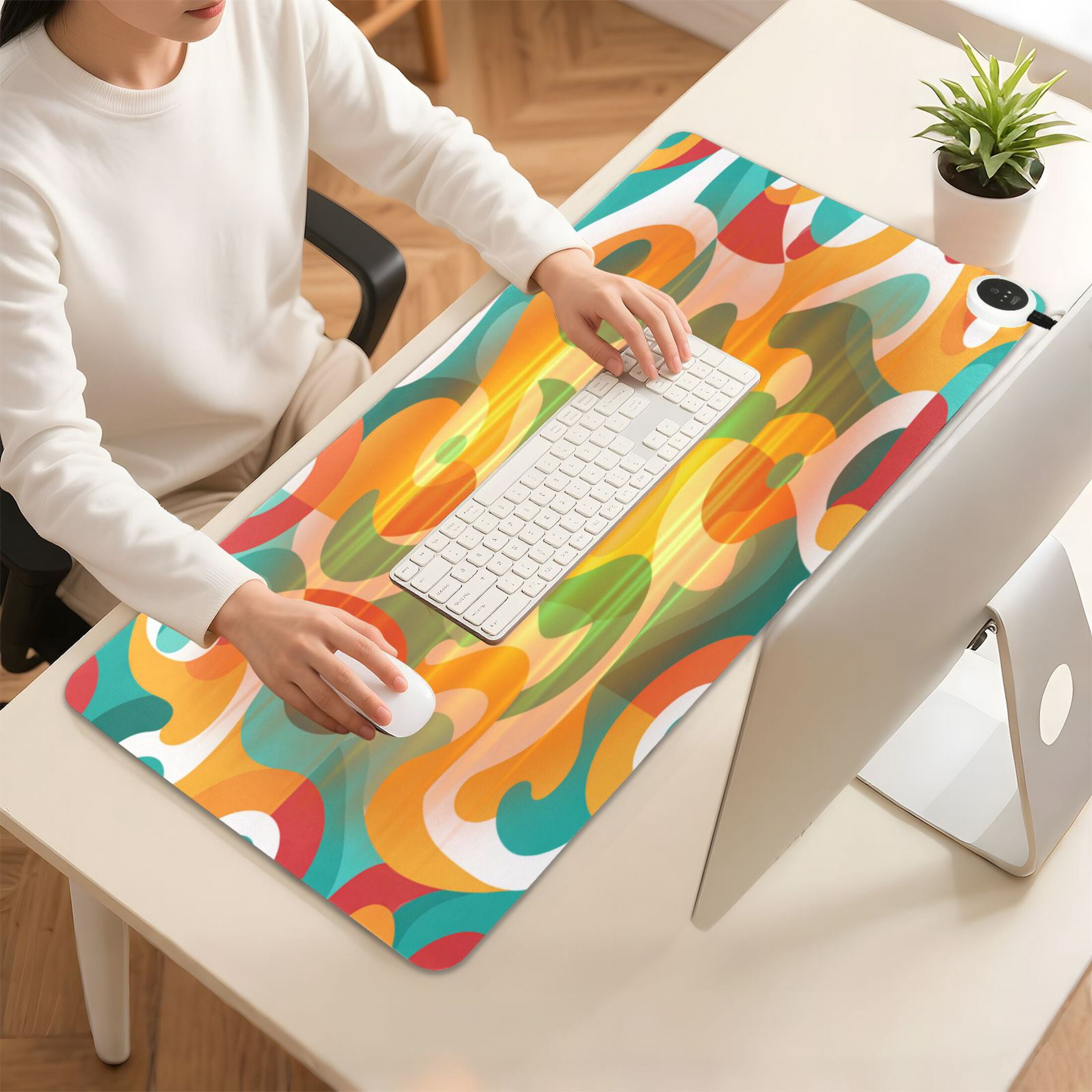 Large Heated Desk Mat Mouse Pad 31.5"x13"PU Leather Graphene Heating Desk Warmer with 3 Temperature Settings 110V US Plug Non-Slip Warm Pad for Home, Office, and Gaming Waves Of Tropical Color