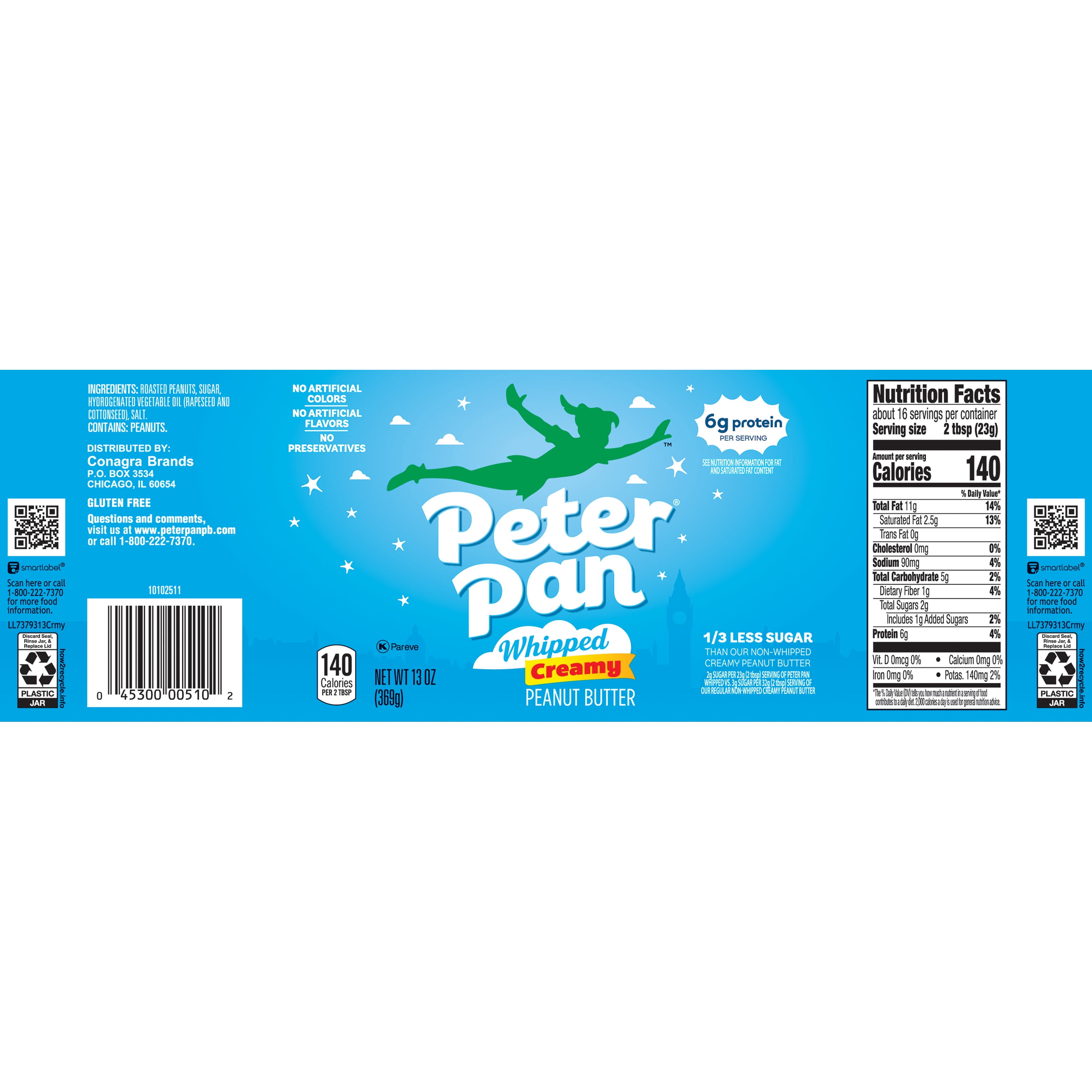 Peter Pan Whipped Peanut Butter, Creamy Peanut Butter, 13 Oz