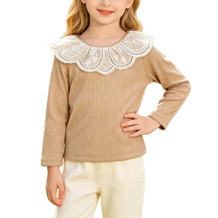 Eltusu Girls Tops Crewneck Fashion Spring Fall Lace Long Sleeve T-Shirts Brown Size 6-9 Months