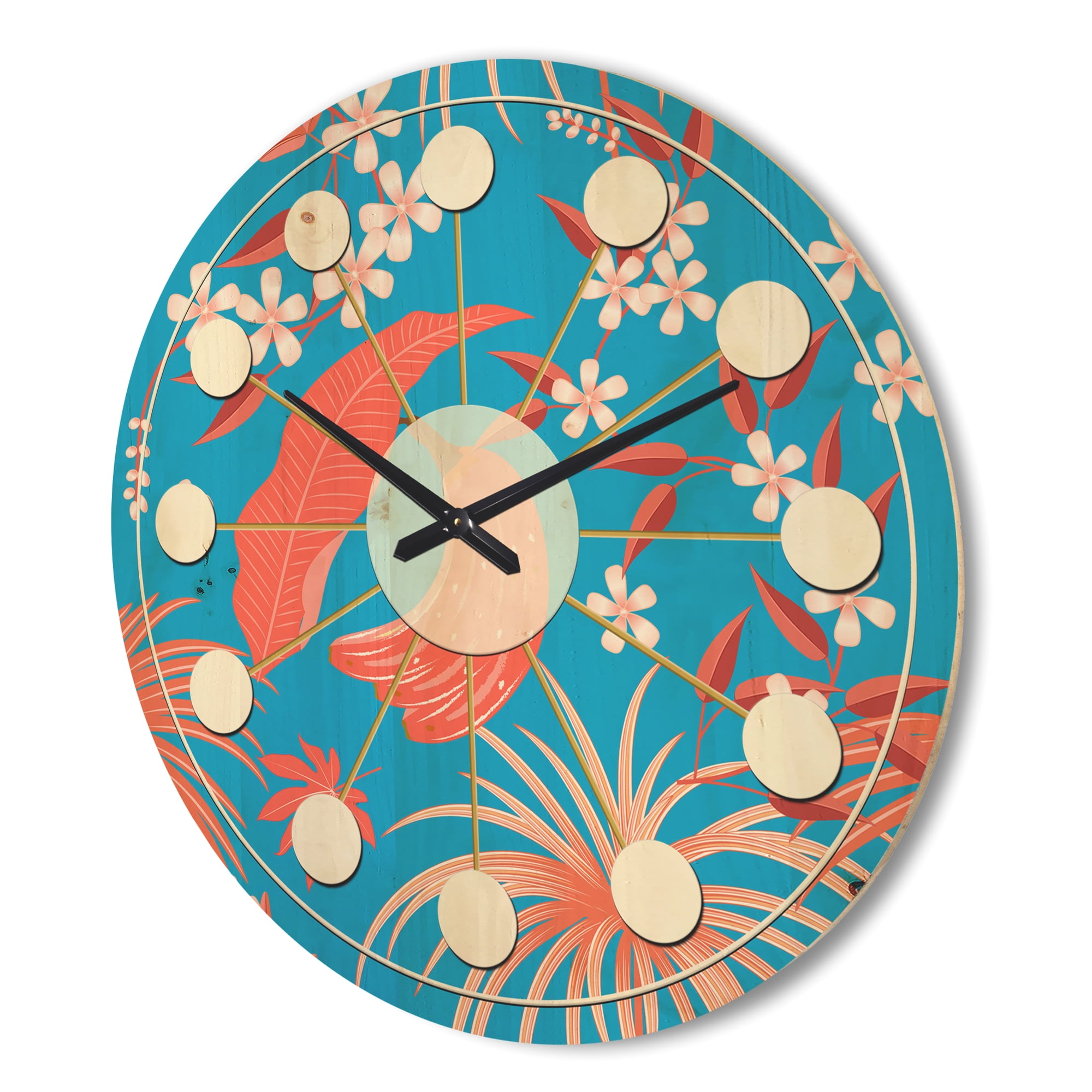 Designart 'Retro Tropical Foliage Coral II' Mid-Century Modern Wood Wall Clock