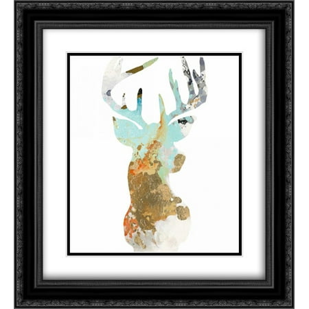 Gold Deer on Forest 2x Matted 20x22 Black Ornate Framed Art Print by Pinto, Patricia