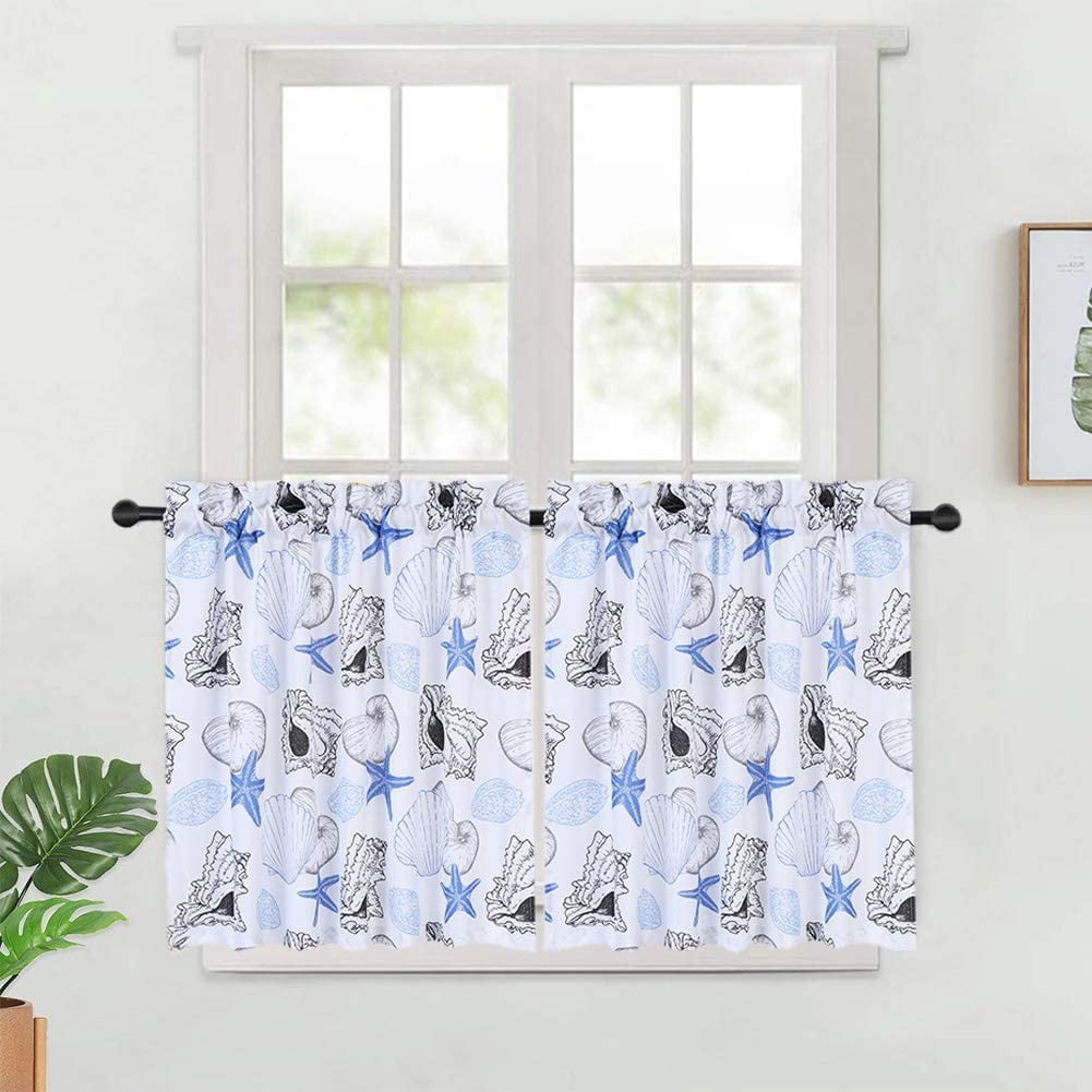 CAROMIO Blue Cafe Curtains, Starfish Pattern Rod Pocket Short Tier