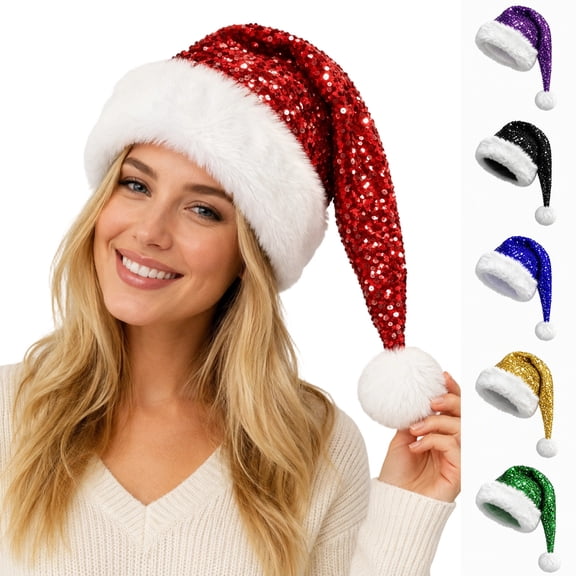 Lumulena Long Sequin Santa Hat - Double Layered Long Haired Christmas Hat, Classic Christmas Decorative Hat, High Quality Adult Party Headwear for Winter Holiday Decoration