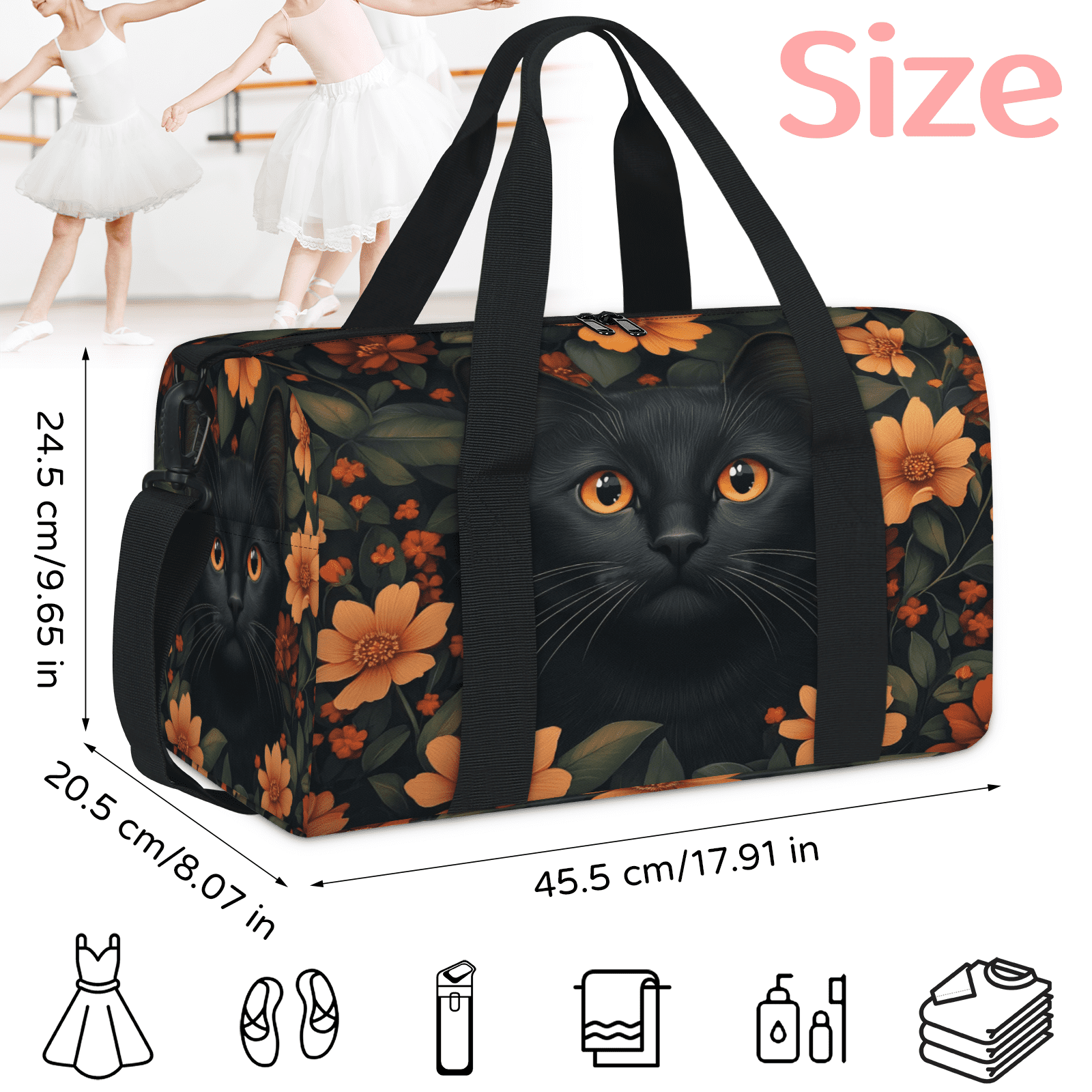 Herdesigns Black Cat Gym Bag for Women, Cute Cat Duffle Bag for Travel Sport, Lightweight Waterproof Carry on Weekender Overnight Dance Yoga Workout Bags