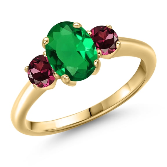 Gem Stone King 10K Yellow Gold Green Nano Emerald and Red Rhodolite Garnet Engagement Ring for Women | 1.49 Cttw | Oval 8X6MM | Gemstone May Birthstone | Size 7
