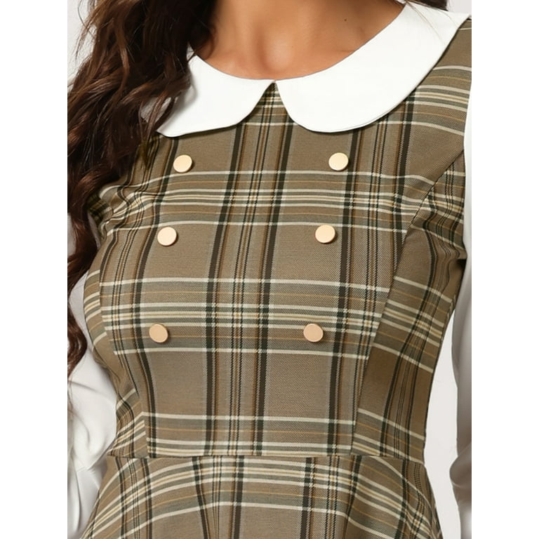 INSPIRE CHIC Women's Plaid Peter Pan Collar Long Sleeve Mini A