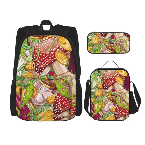 Balery Bright Mushrooms Mochila escolar 3 en 1 para niños: mochila resistente con lonchera térmica y estuche para lápices. Mochila escolar para niños y niñas.