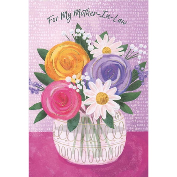 Pictura Yellow, Pink, White and Purple Flowers in Clear Vase Birthday Card for Mother-in-Law