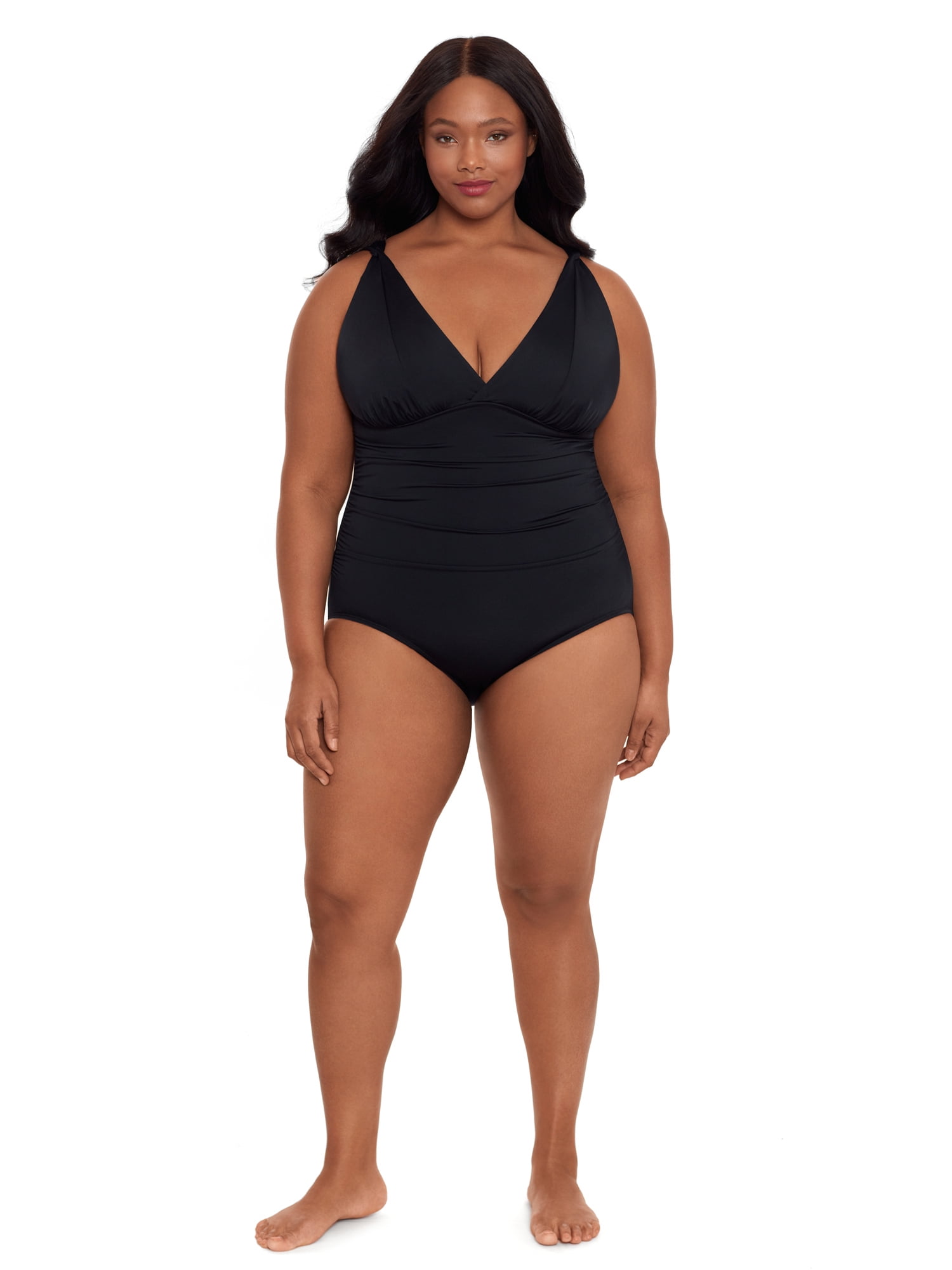 Time and Tru Women s and Women s Plus Size Solid Black Plunge V