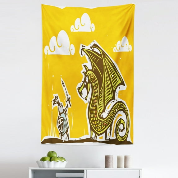 Yellow Tapestry, Knight Shield in Steel Armour Against Wings Cartoon Middle Ages Design, Fabric Wall Hanging Decor for Bedroom Living Room Dorm, 5 Sizes, Yellow, by Ambesonne