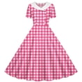 thumbnail image 2 of Dolkfu Short Sleeve Womens Summer&Fall Dresses French Style Mid-Length Pink Collared Fit & Flare Dresses Full Swing Flared Plaid Regular Dresses Hot Pink,M, 2 of 6
