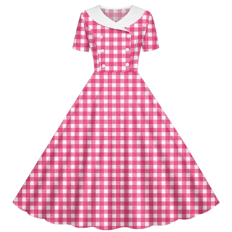 Vbvc Women's Vintage 1950s Gingham Swing Dress , Ladies' Short Sleeve Double Breasted A-Line Midi Dress , Summer Peter Pan Collar Dresses For Women