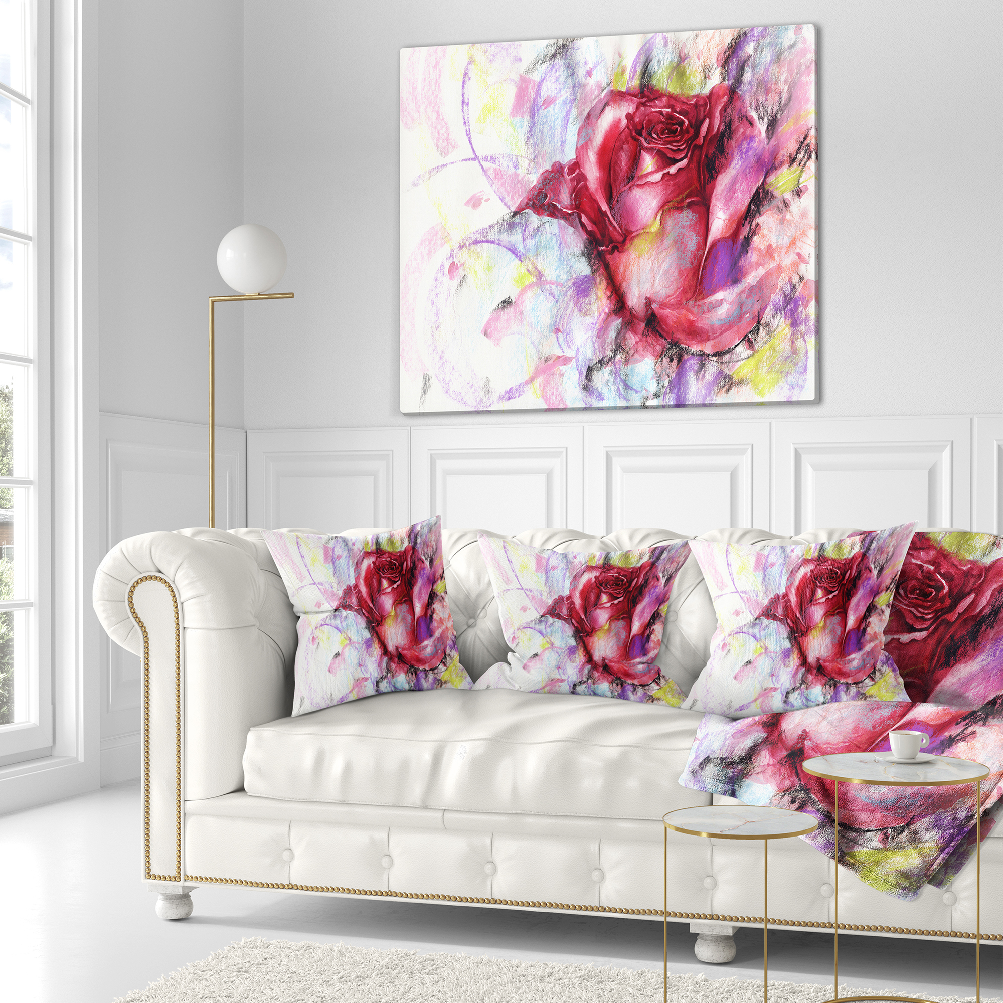 Designart Red Rose Illustration - Floral Throw Pillow - 18x18