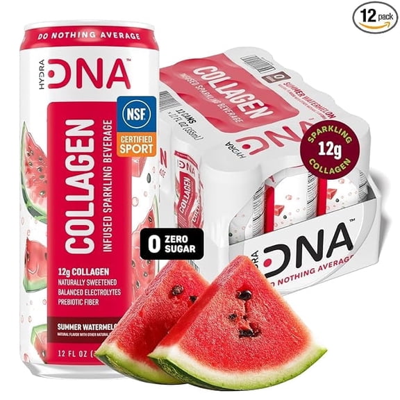 HYDRADNA Sparkling Protein Water, Collagen, Summer Watermelon Flavor, Sugar-Free, Keto-Friendly, Gluten-Free, 12 Pack, 12 fl oz