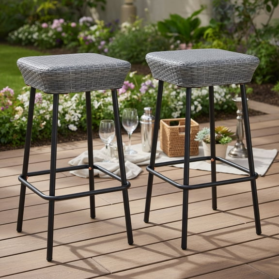 Spaco 29.5 Inches Patio Bar Stools Set of 2, Bar Stool with Rattan Seat and Footrest for Patio, Garden, Backyard, Gray