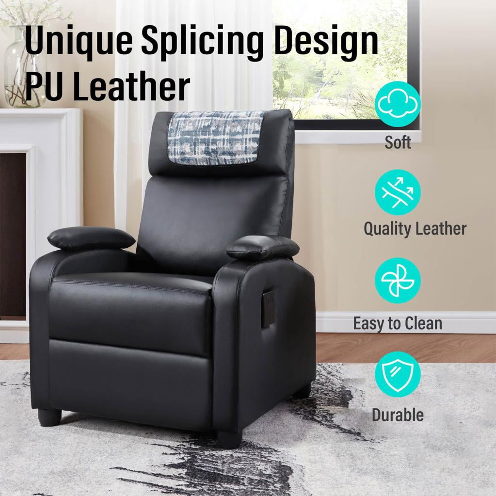 Recliner Chair Manual Reclining Sofa Comfortable Arms Back Support Living Room Home Theater Lounger Black With Cup Holder(Black)