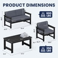 thumbnail image 2 of KINGYES 4 Pieces Outdoor Furniture Set, HDPE All Weather Use Conversation Couch Sets,2 Armchairs & 1 Loveseat & 1 Coffee Table for Patio Backyard, Black Frame with Gray Cushions, 2 of 9