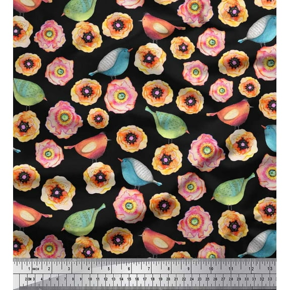 Soimoi Cotton Duck Fabric Bird & Anemone Floral Print Fabric by Yard 42 Inch Wide