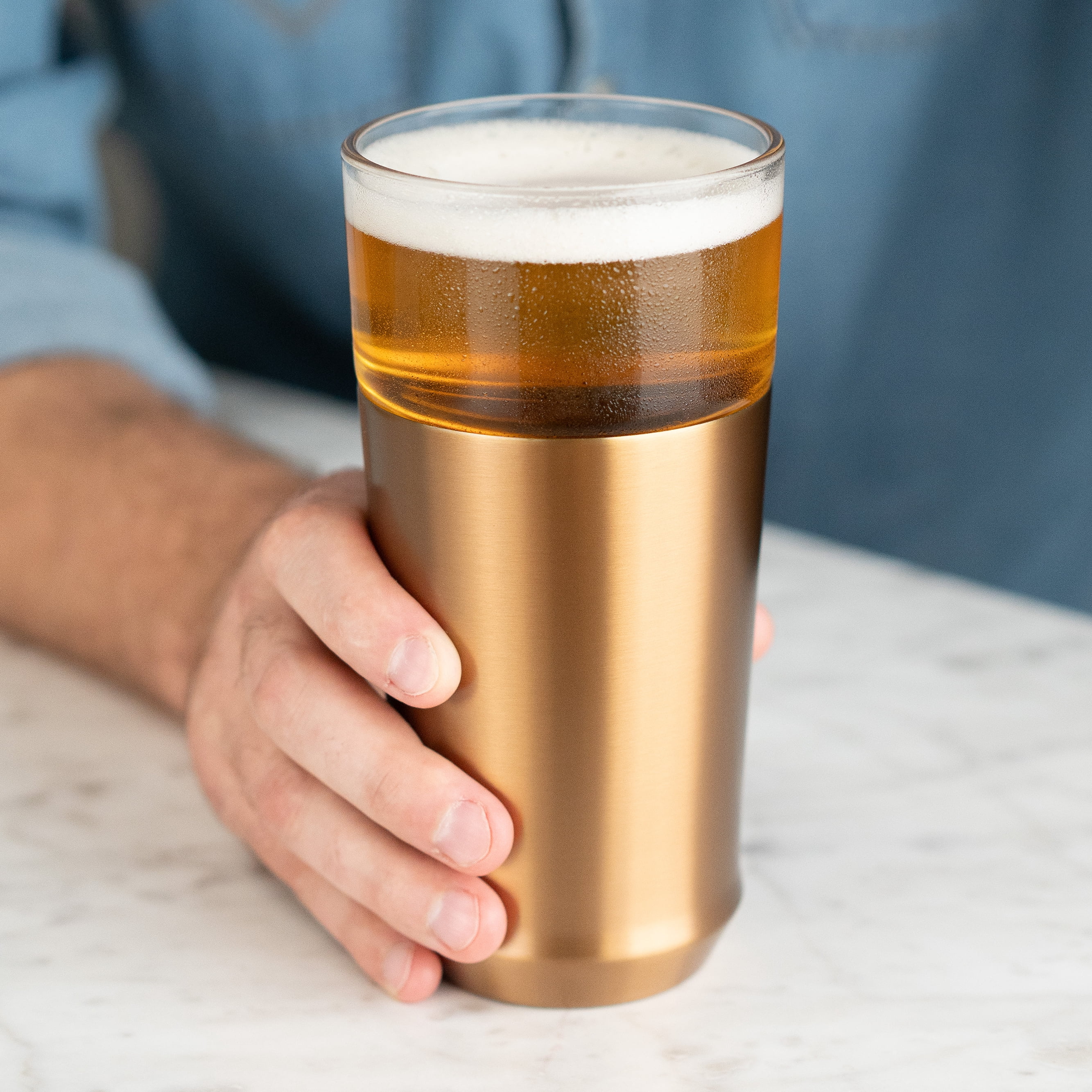 Elevated Craft Hybrid Vacuum Insulated Stainless Steel Base with Removable Pint Glass Insert, Ideal Insulation for Beers & Cold Beverages with Built-in Bottle Opener, Brushed Copper (16 oz)