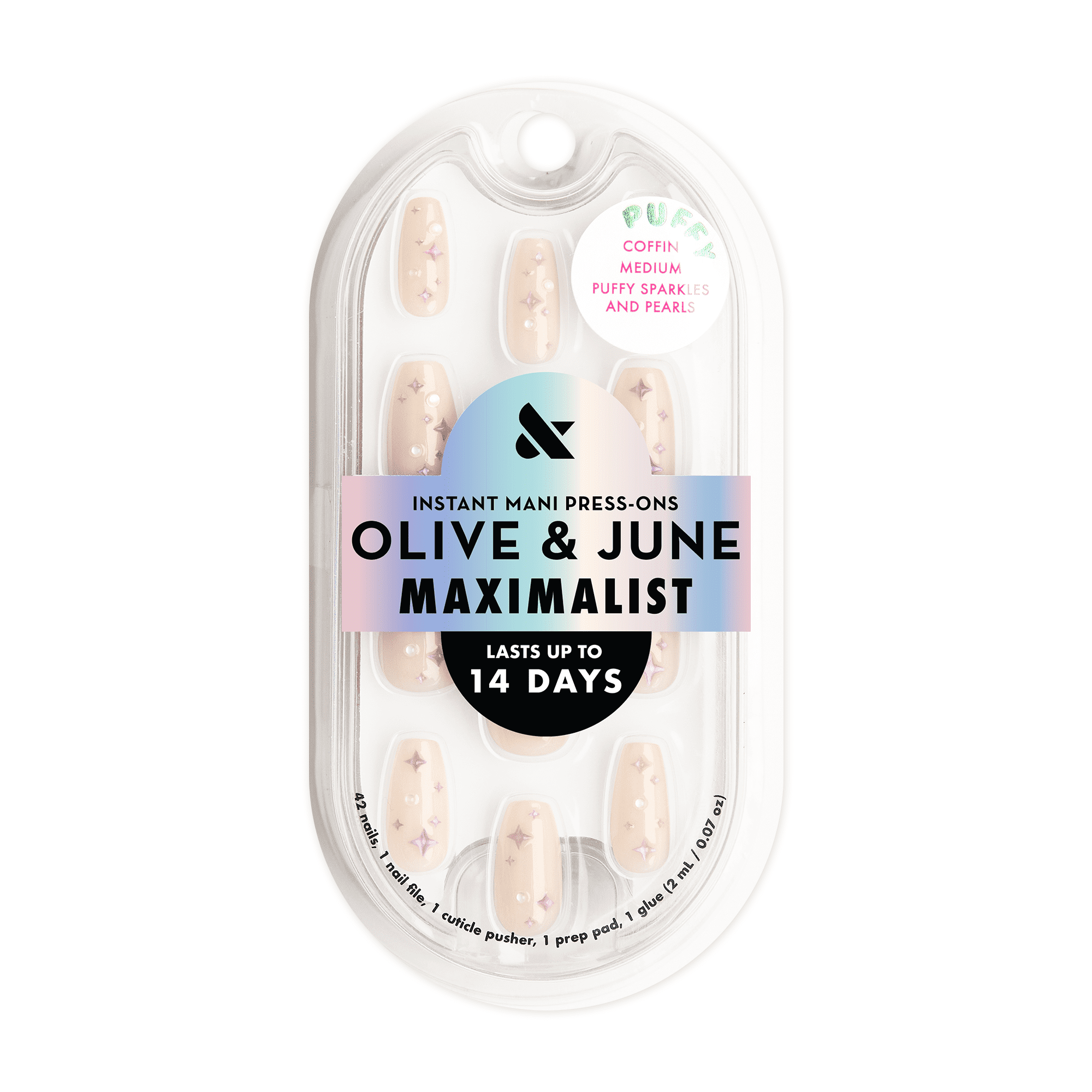Olive & June Maximalist Medium Coffin Press-on Nails, Puffy Sparkles & Pearls, 42 Pieces
