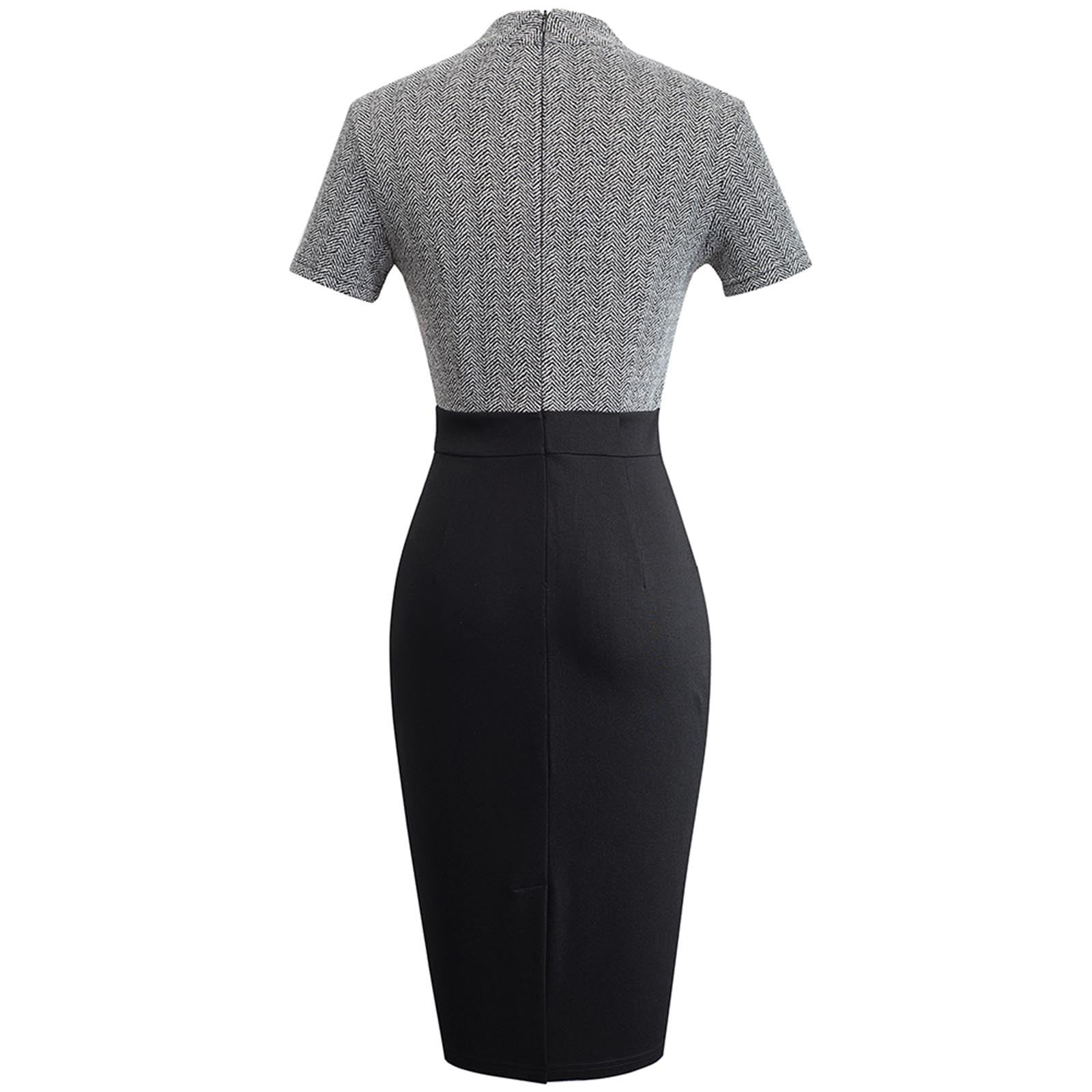 Blvb Bodycon Dress For Women Retro Round Neck Hollow Patchwork Short Sleeve Wrap Dress Casual Slim Fit Pencil Midi Dress Gray