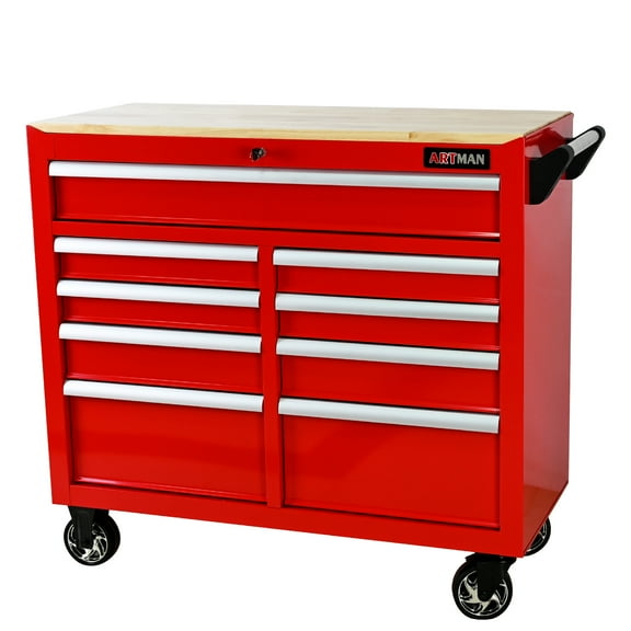 NIGSQJB Large Rolling Tool Chest with 9 Drawers and 42" Wooden Workbench Top, Heavy Duty Steel Tool Storage Cabinet on Wheels, Lockable Tool Box Organizer Tool Cart for Workshop, Repair Shop, Red