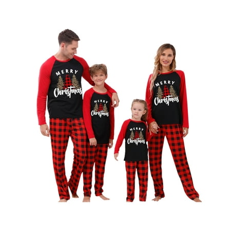 

Huakaishijie Family Christmas Pajamas Long Sleeve Tree Print Tops with Plaid Pants Sleepwear Set