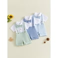 thumbnail image 3 of BemeyourBBs 2Pcs Newborn Baby Boy Baptism Day Gentleman Outfit Summer Clothes Lapel Neck Short Sleeve Button Down Bowtie Shirt Romper and Suspender Shorts Set, 3 of 9
