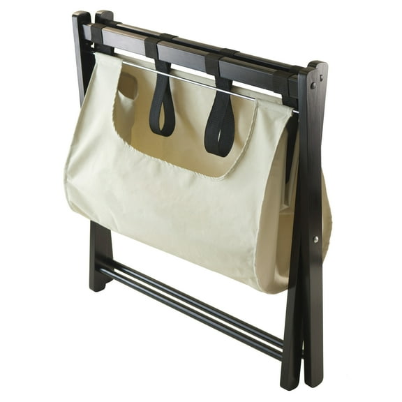 HomeStock Handmade Home Dora Wood Foldable Luggage Rack With Removable Fabric Basket, Espresso, 20"H x 26 1/24"W x 18.66"D