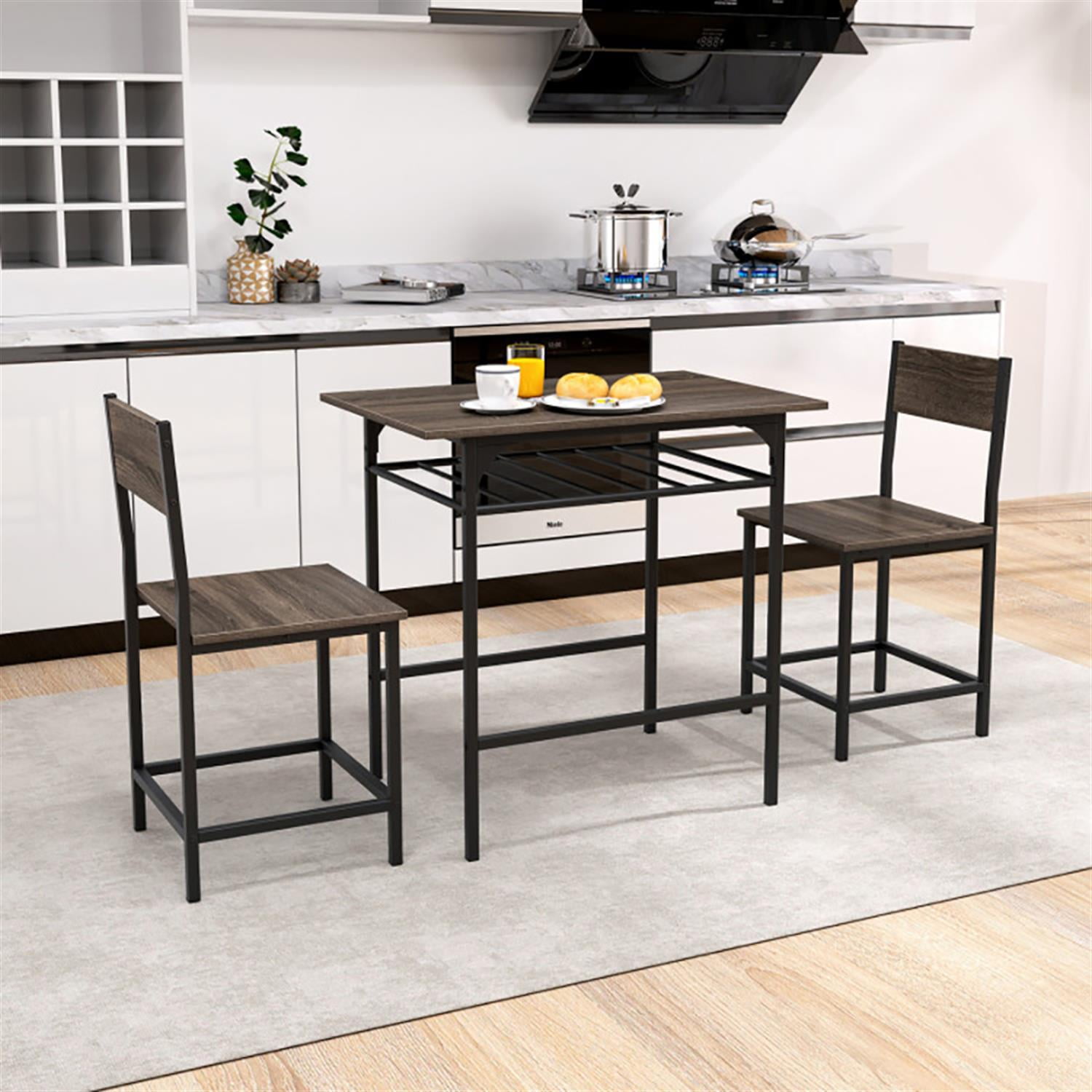 Demi Bonn 3-Piece Dining Table Set with 2 Chairs, 31" Kitchen Table with Metal Frame and Storage Rack, Perfect for Small Space, Gray