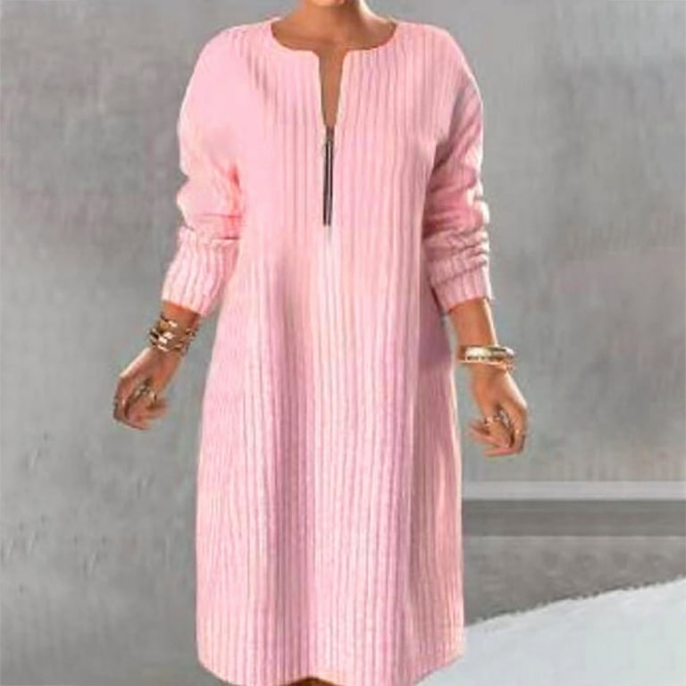 Whlbf Hot Pink Dress for Women Plus Size Long Sleeve Dress,Winter New  Sweater Womens Zipper Contrast Panel Zipper Long Dress