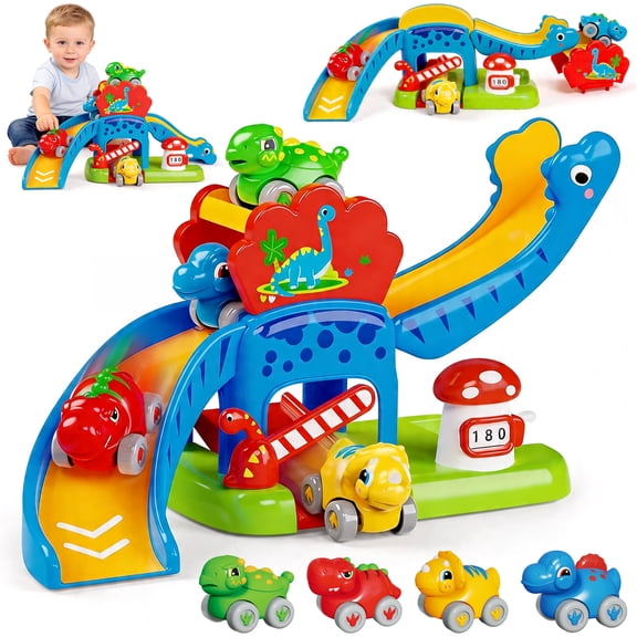 LINXUXIE Toddler Play Vehicle Set, Educational Dinosaur Slide with 4 Mini Push Cars, Birthday Gifts for 1-3 3-5 5-8 Year Old