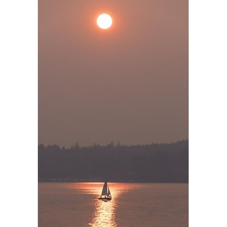 USA, Washington State. Two people in sailboat. Smoky skies from wildfires create eerie sunset Print Wall Art By Trish (Best Sailboat For Two People)