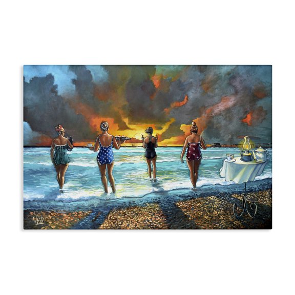 Stupell Industries Elegant Ladies on Beach Novelty Painting Gallery Wrapped Canvas Art Print Wall Art, 24 x 16