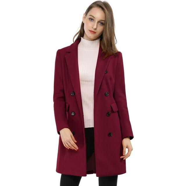 Abrigo Allegra K de invierno elegante con solapa con muescas, doble burdeos