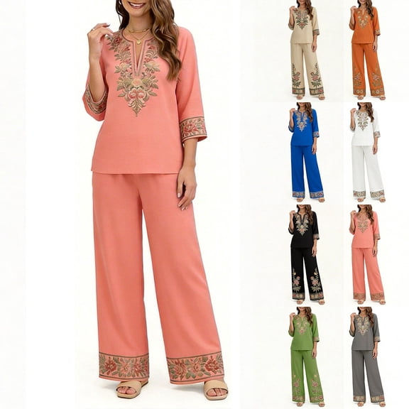 Womens Plus Size 2 Piece Outfits Printed Bohemian Style Casual Home Wear Set