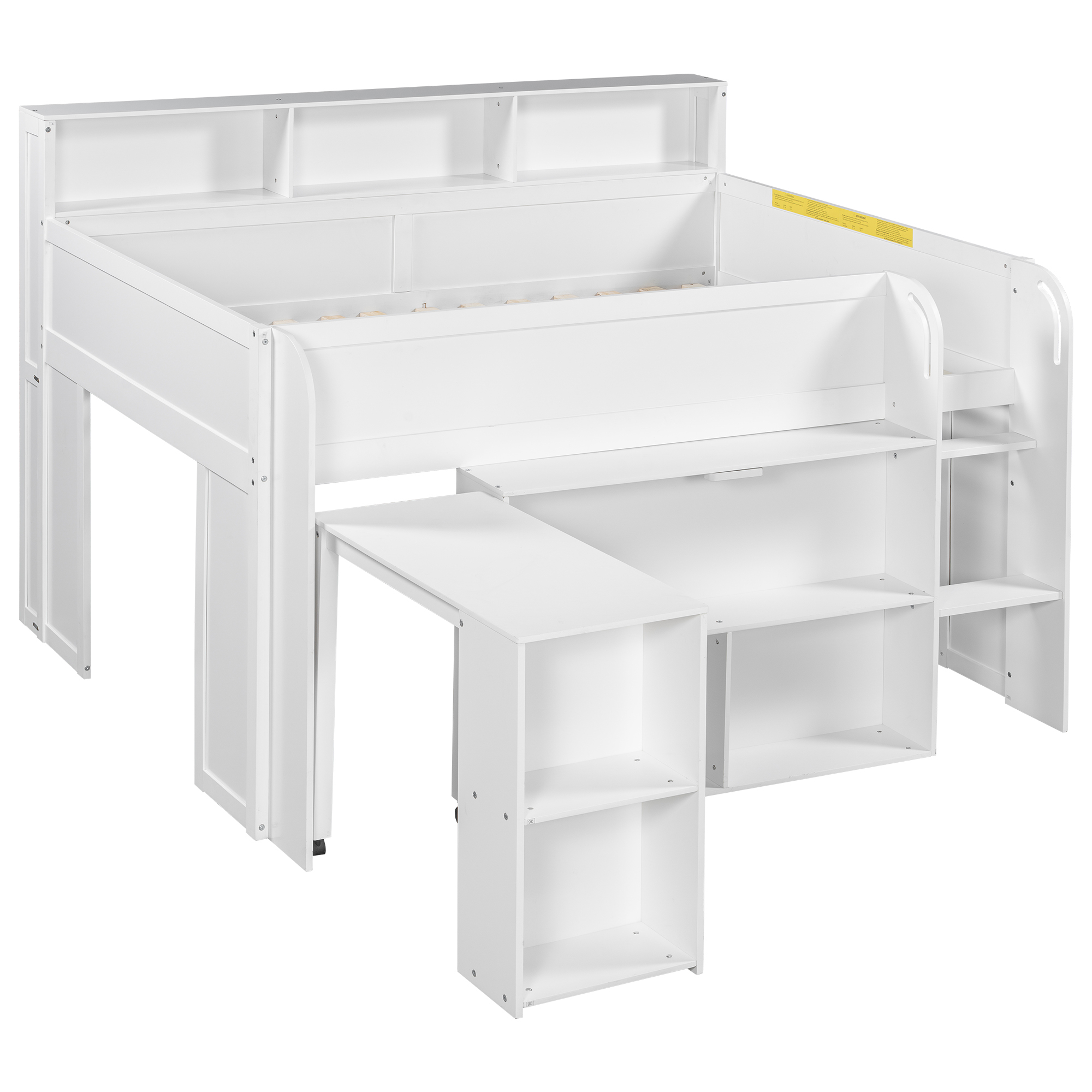 Euroco Wood Full Size Loft Bed with Storage Shelves Desk and LED Light, White