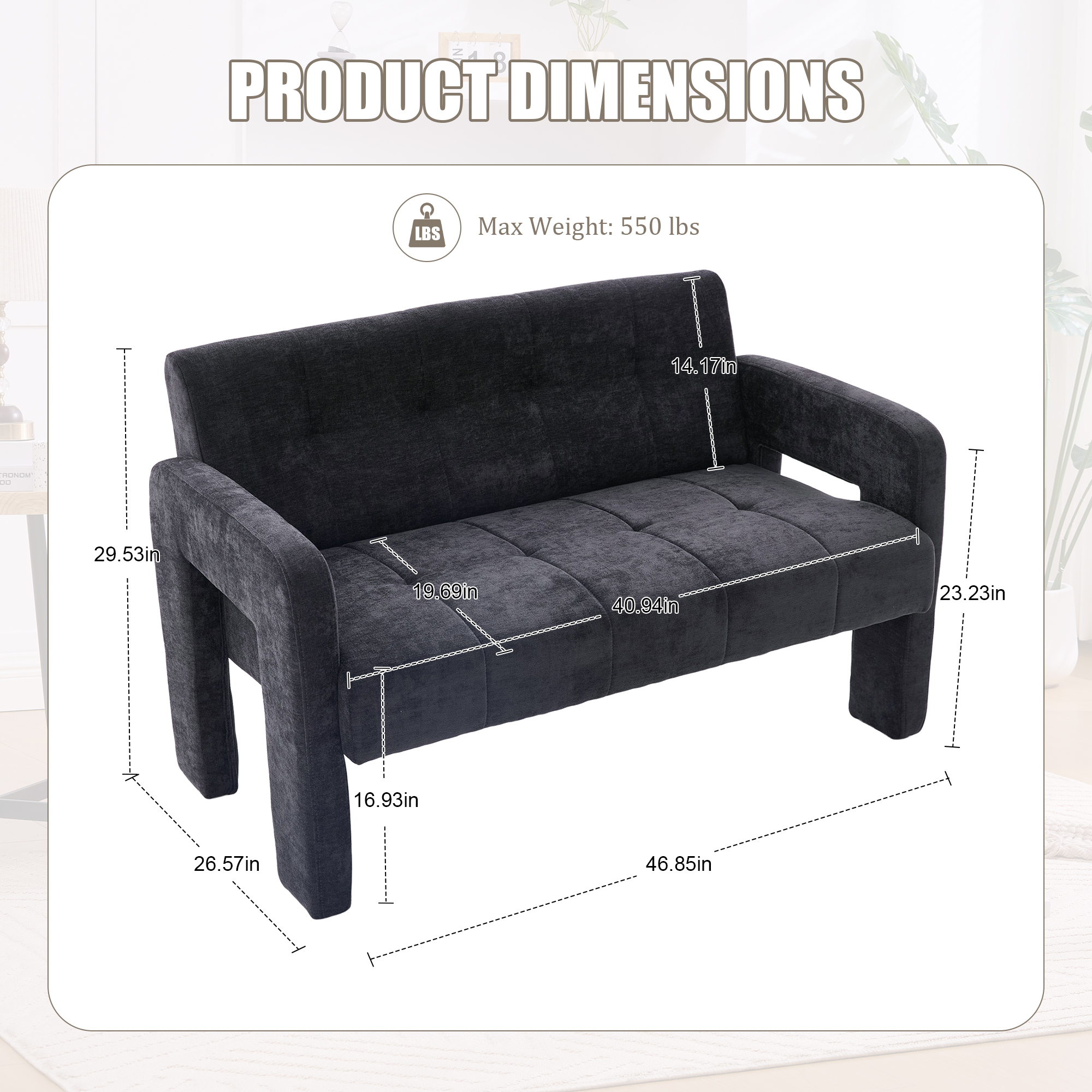 MOONMISS Chenille Upholstered Tufted Comfortable Wood Frame Loveseats Sofa with Dual Armrests-Black