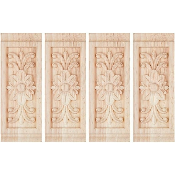 4Pcs Wood Onlays Appliques Rectangle Carved Applique Frame Onlay 16x6cm Long Wood Carving Appliques Flower Unpainted Furniture Decoration for Furniture Cabinet Closet Cabinet