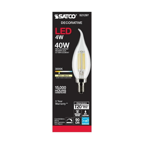 SATCO S21297 4W 120V CA10 3000K 350 Lumen LED E12 Candelabra Base Light Bulb Dimmable (6 Pack)