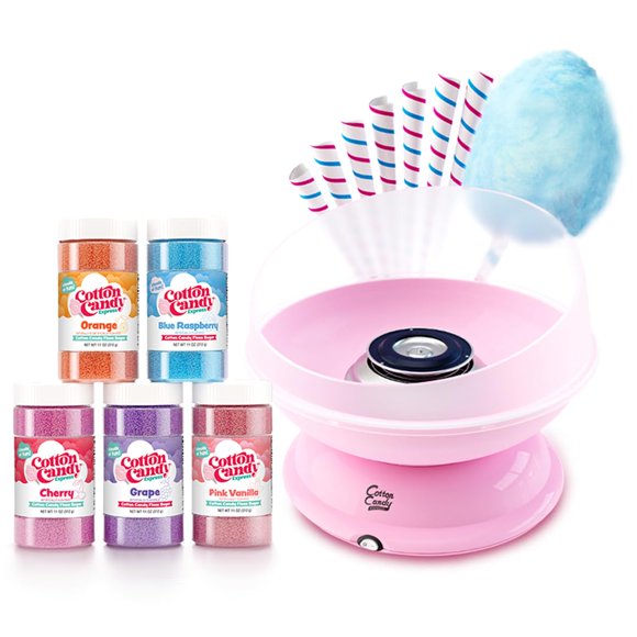 Cotton Candy Express CC1000-S Cotton Candy Machine, with 5-11oz. Jars of Cherry, Grape, Blue Raspberry, Orange, Pink Vanilla Floss Sugar & 50 Paper C