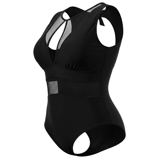 Traje de baño de una pieza de talla grande Agnes Orinda para mujeres, trajes de baño de malla, espalda abierta, lazo, escote profundo L Negro